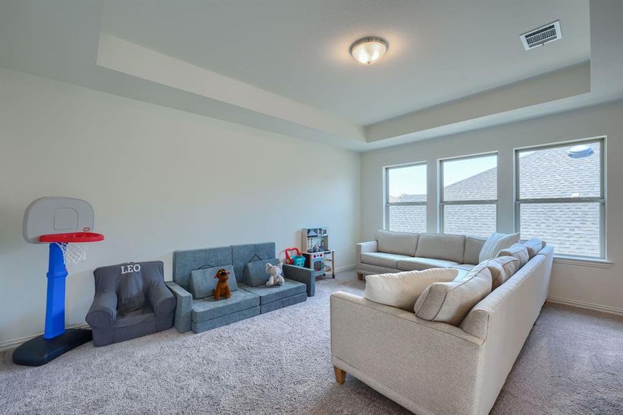 Carpeted game room featuring a tray ceiling