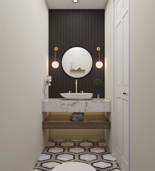 This rendering unveils a half bath adorned with fun tile flooring, a chic floating vanity, and a captivating accent wall, combining style and functionality in perfect harmony.