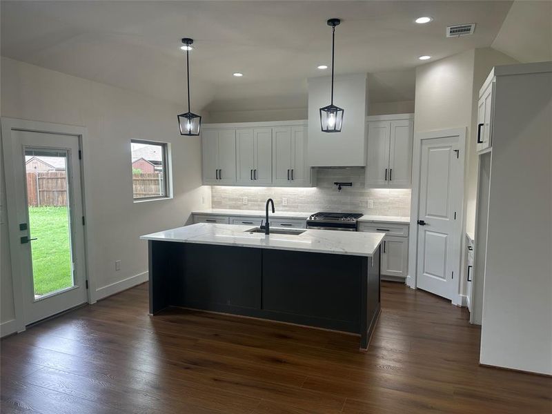 Kitchen with dark hardwood / wood-style floors, lofted ceiling, white cabinetry, and an island with sink