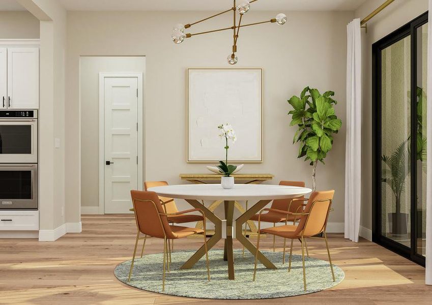 Rendering of the dining nook containing a
  5-piece table set on top of a rug under an ornate chandelier. The large
  kitchen sits in the background and glass sliding doors provide a view of the
  back patio.