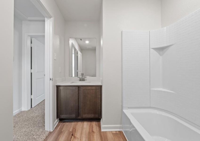 The secondary bathroom has plenty of counter space.