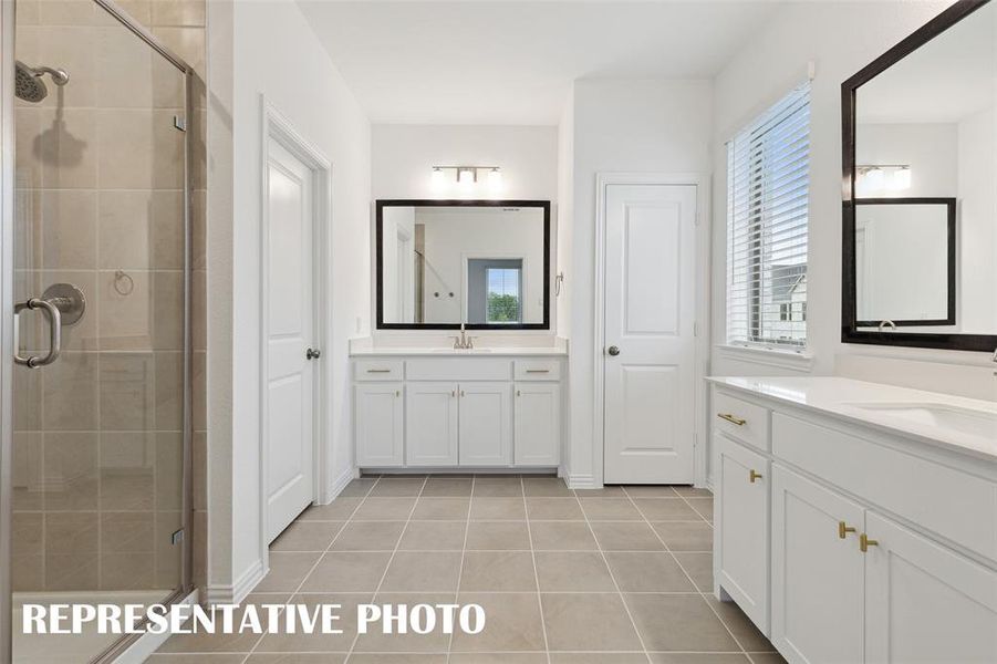 With separate vanities, you'll find plenty of space for 2 in this lovely owner's bath.  REPRESENTATIVE PHOTO