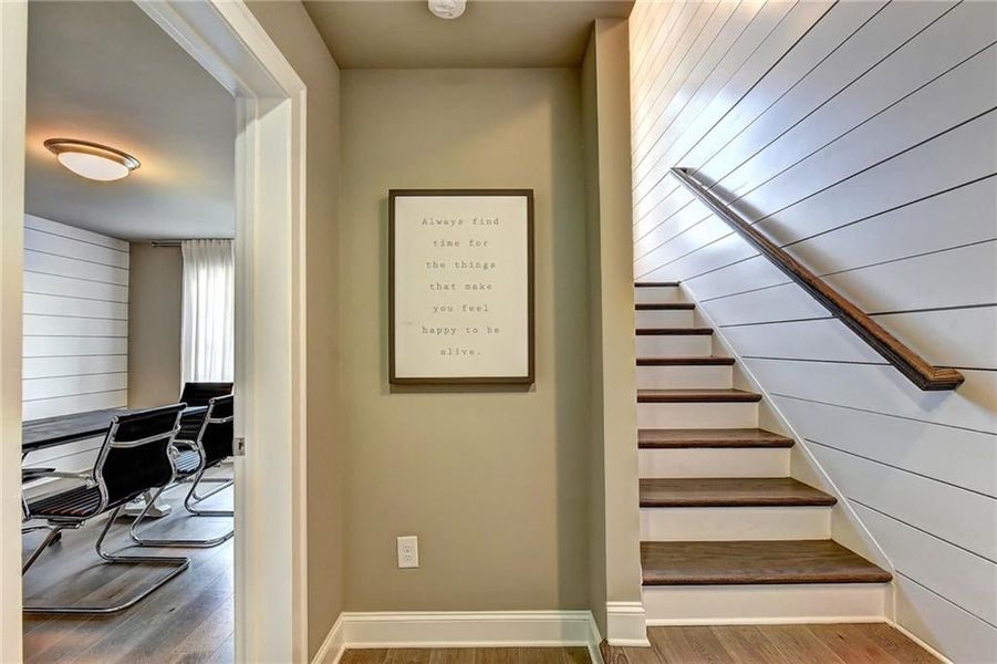 Staircase with hardwood / wood-style floors   ***Photos NOT OF ACTUAL Home but for representation Purposes only. Home is UNDER Construction- Photos are of a previously built Model House Freemont plan by The Providence Group