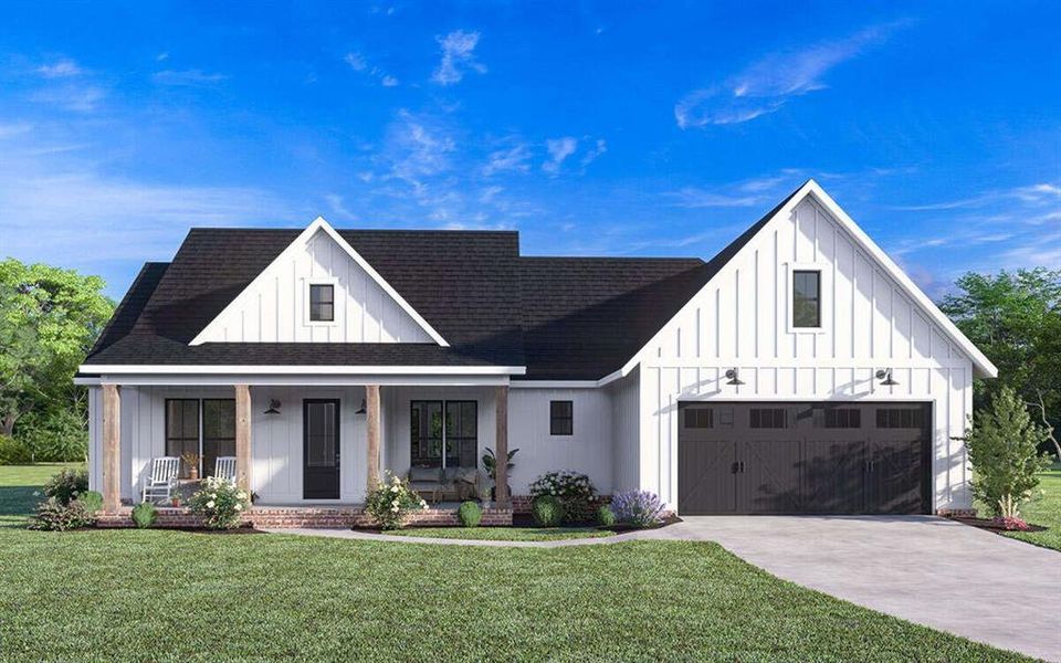 Modern inspired farmhouse with a garage, a front yard, and covered porch