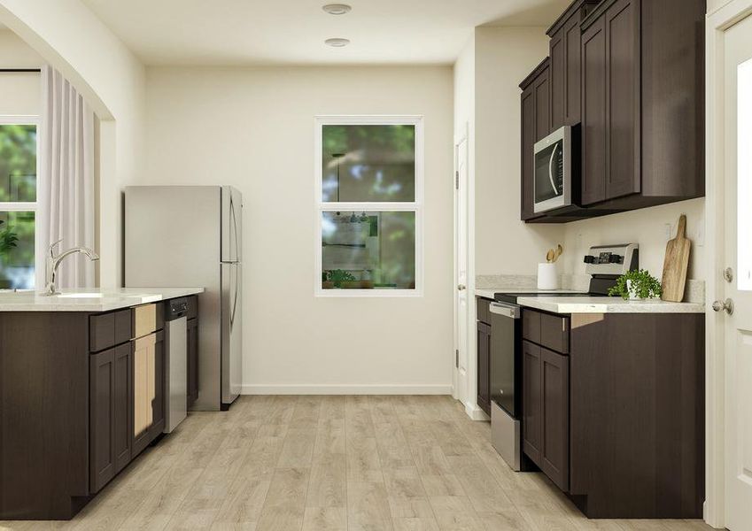 Rendering of the Reed floor plan's
  kitchen featuring wood cabinetry and stainless steel appliances.