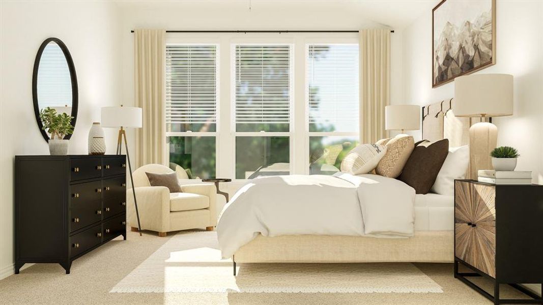 Bedroom with light colored carpet