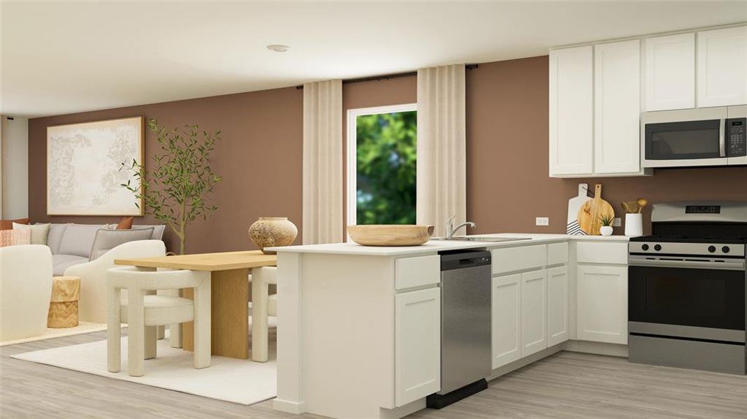 Kitchen with stainless steel appliances, white cabinets, sink, kitchen peninsula, and light hardwood / wood-style flooring