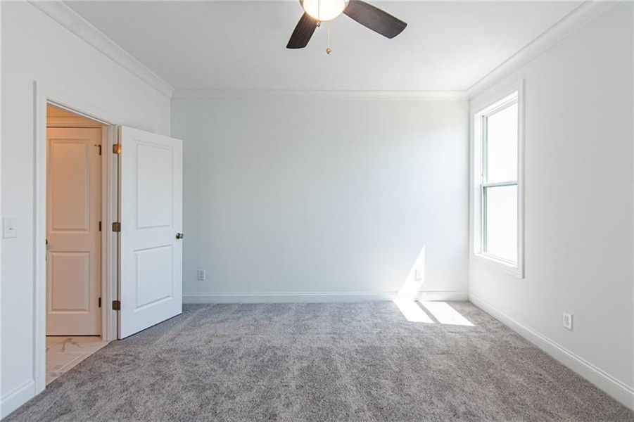 Primary Bedroom with Ceiling Fan and carpet . not the actual unit previously built