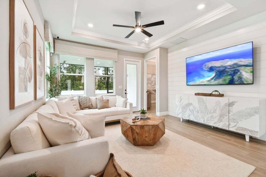Sandpiper new construction luxury paired villa home plan family room opt tray ceiling in 55+ in Sun City Center, FL at Fairway Pointe by William Ryan Homes Tampa