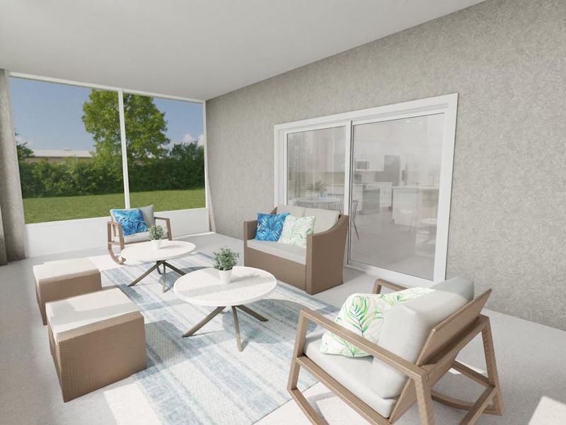 Your spacious covered lanai where you can enjoy your morning coffee, a good book, or time with family and friends. (Artists` rendering of the Aubrey)