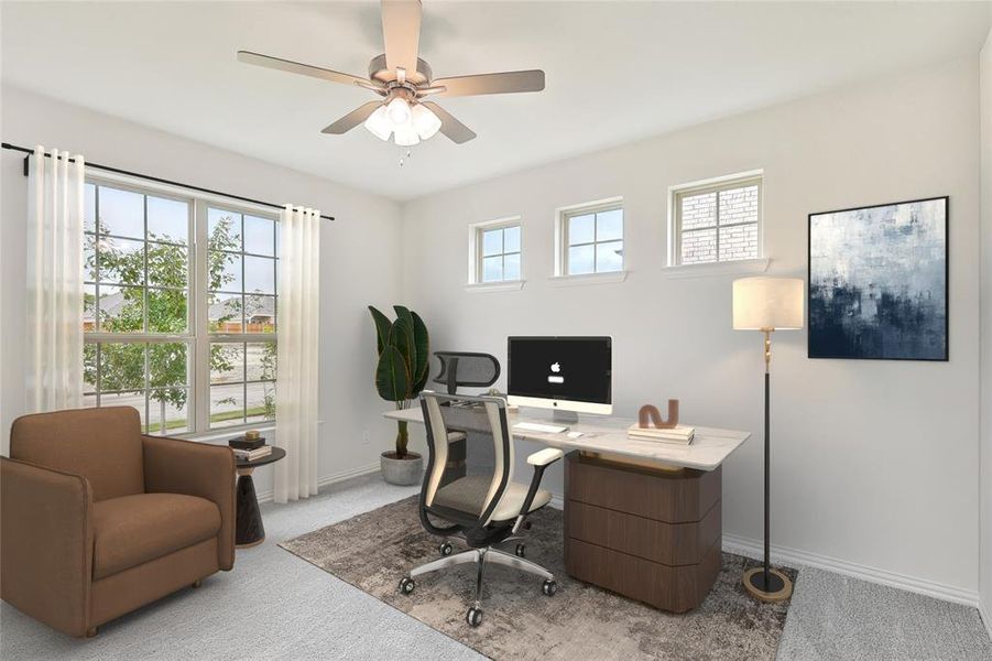 Carpeted office space featuring a healthy amount of sunlight and ceiling fan