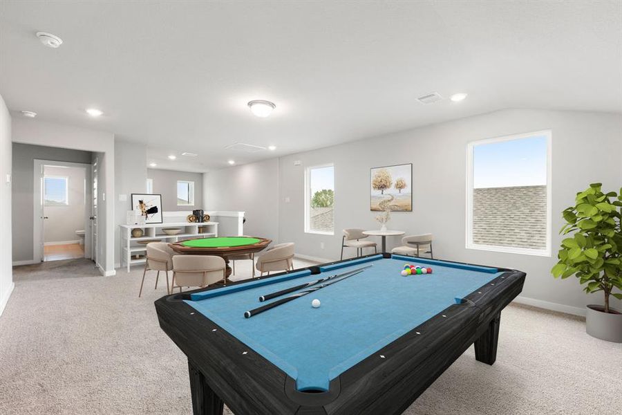 Perfect for entertaining is this amazing game room!  Right upstairs this space would be a fabulous teen hangout, media room, or adult game room complete with pool table and big screen TVs. Featuring plush carpet, high ceilings, neutral paint and large windows.