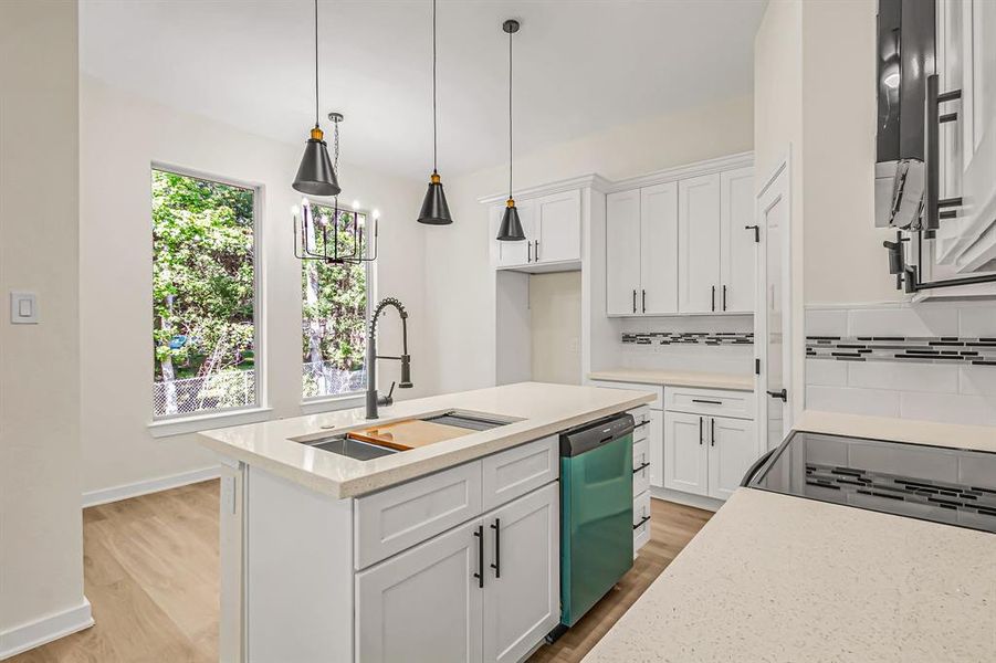 Kitchen island with large sink, dishwasher and additional storage.