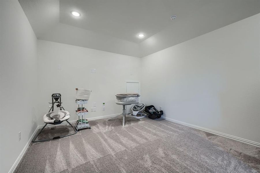 Media room with vaulted ceiling and carpet floors