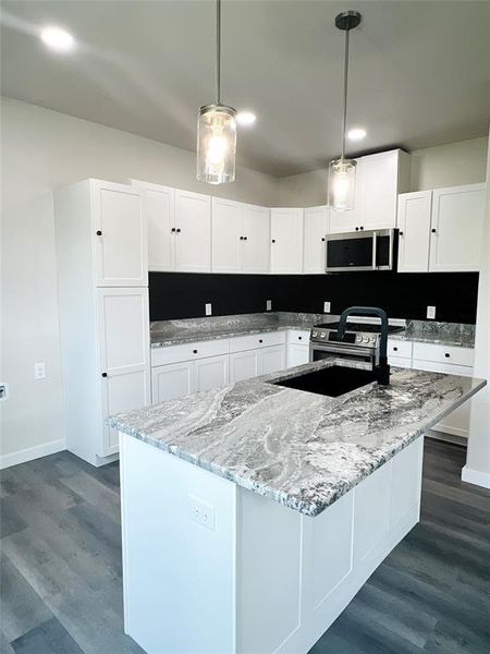 Kitchen with dark hardwood / wood-style floors, hanging light fixtures, and appliances with stainless steel finishes