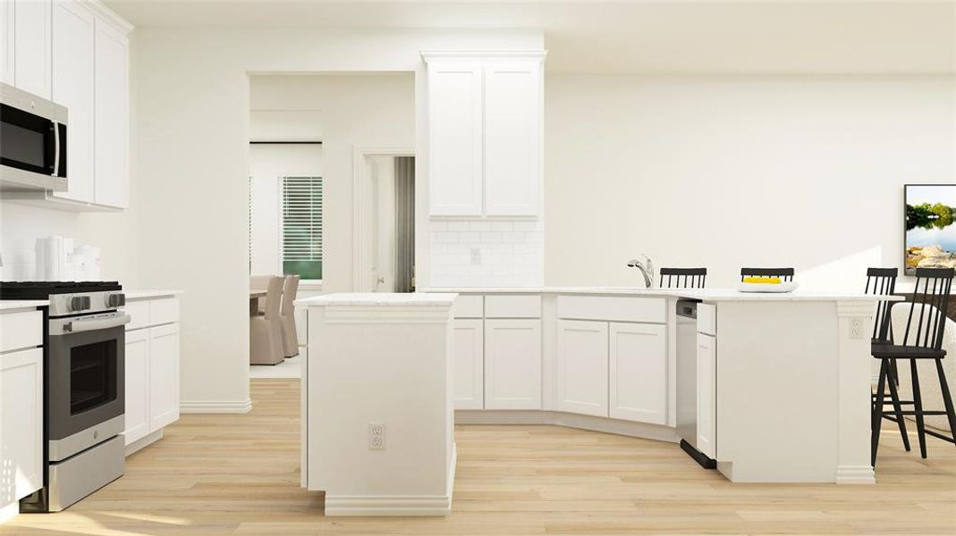 Kitchen with a center island, light wood-type flooring, stainless steel appliances, white cabinets, and backsplash