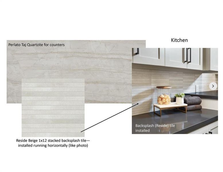 Selections for kitchen backsplash and quartzite counters. PER BUILDER.
