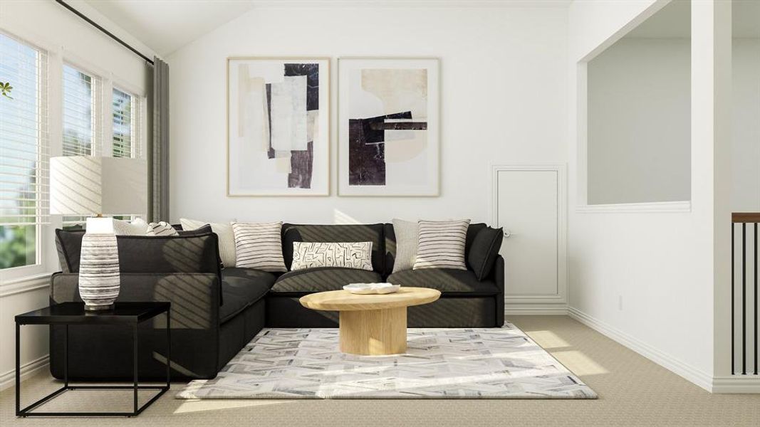 Carpeted living room with vaulted ceiling