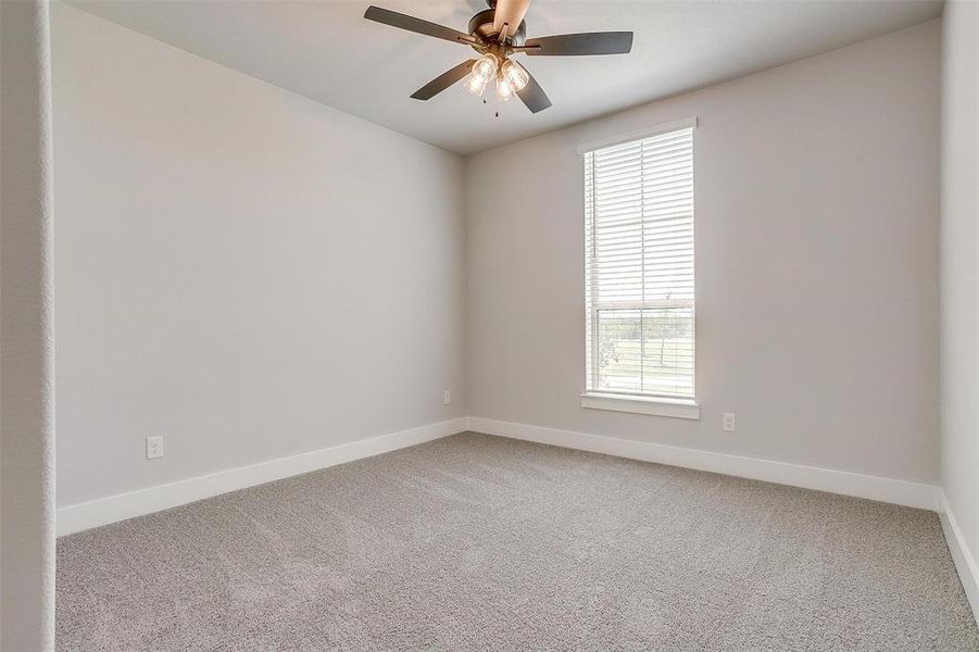 Carpeted spare room featuring plenty of natural light and ceiling fan