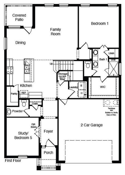 D.R. Horton's Redrock floorplan, 1st floor - All Home and community information, including pricing, included features, terms, availability and amenities, are subject to change at any time without notice or obligation. All Drawings, pictures, photographs, video, square footages, floor plans, elevations, features, colors and sizes are approximate for illustration purposes only and will vary from the homes as built.