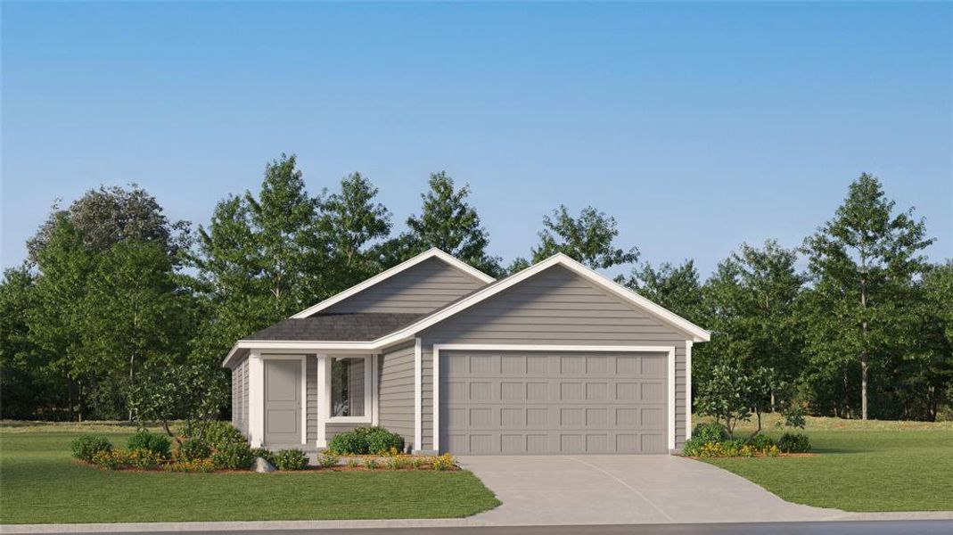 Single story home featuring a garage and a front lawn