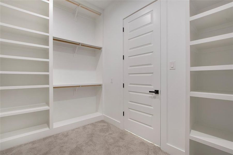 Spacious closet with light carpet