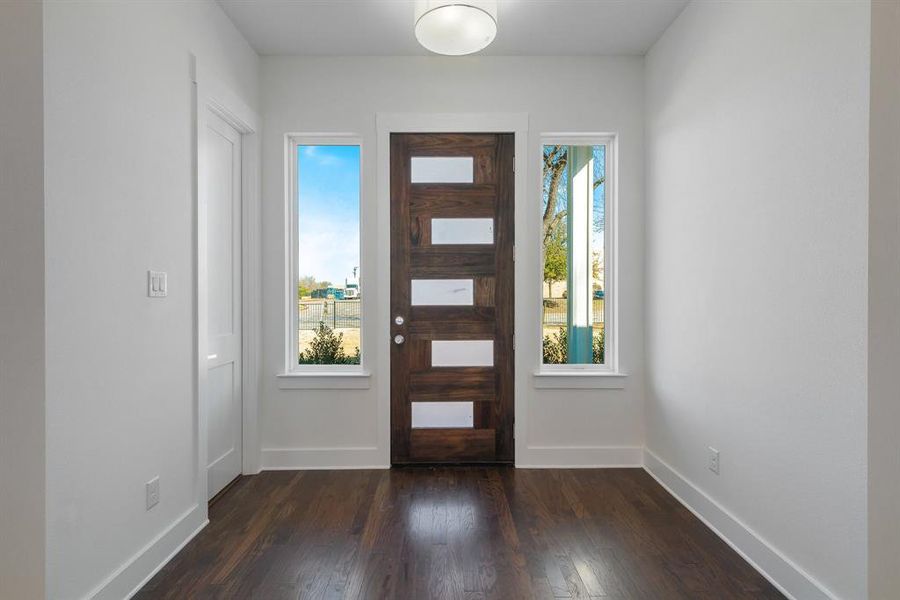 Entrance foyer featuring dark wood-type flooring and plenty of natural light