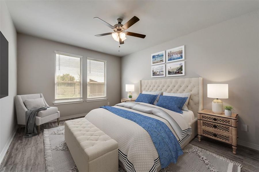 Bedroom with wood-type flooring and ceiling fan