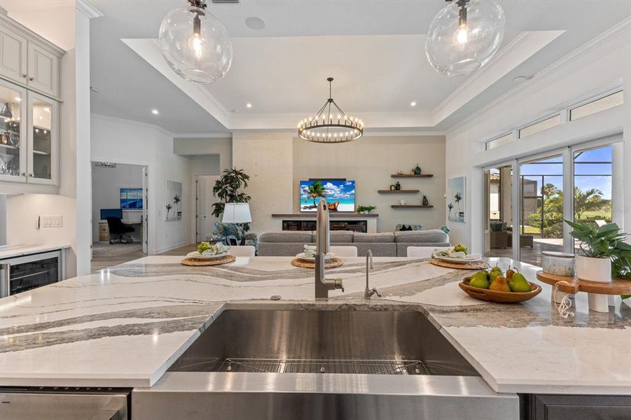 Apron sink overlooking the family room