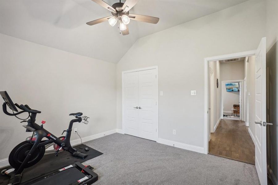 Exercise room featuring ceiling fan, vaulted ceiling, and carpet