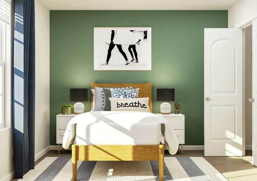 Rendering of a bedroom focused on a twin
  bed between two nightstands. A large window is on the wall to the left and
  the closet is on the wall on the right.
