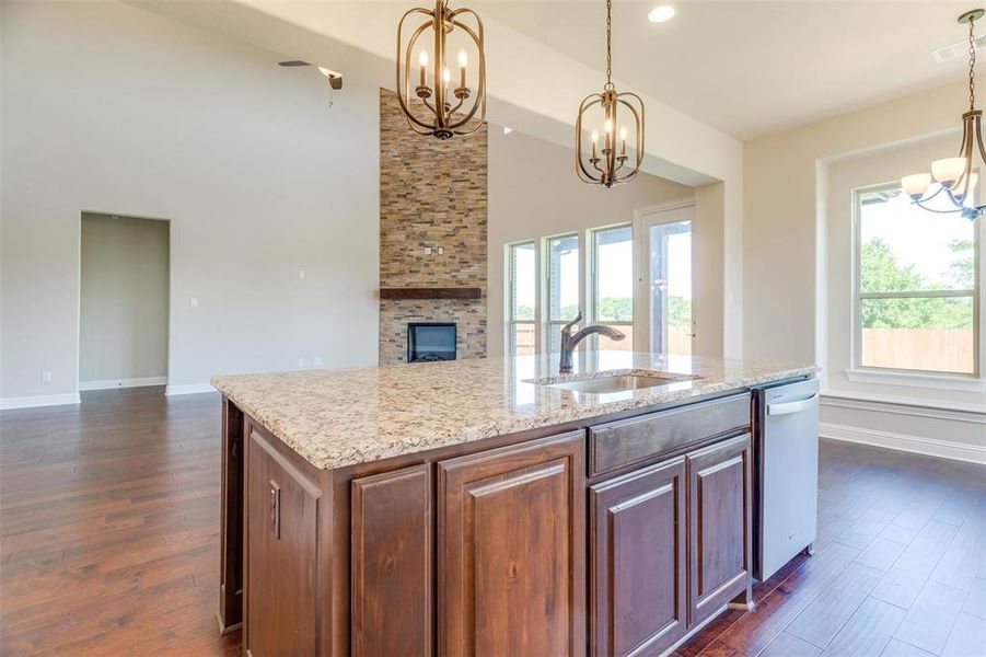 Kitchen featuring sink, dishwasher, decorative light fixtures, and dark hardwood / wood-style flooring