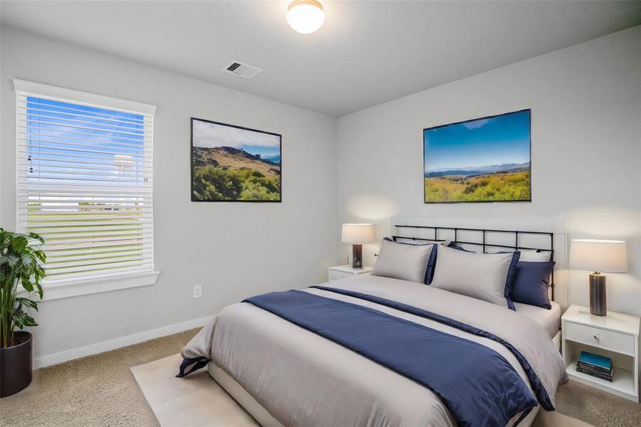 Secondary bedroom features plush carpet, custom paint, high ceilings, and large window with privacy blinds.