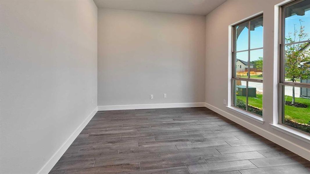 Unfurnished room with dark wood-type flooring