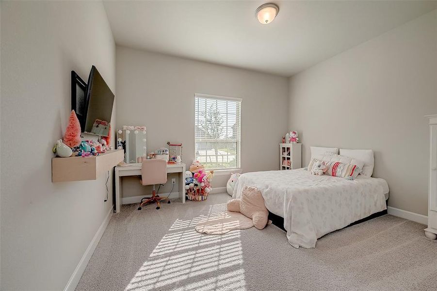 Secondary bedroom features awindow and plush carpet.