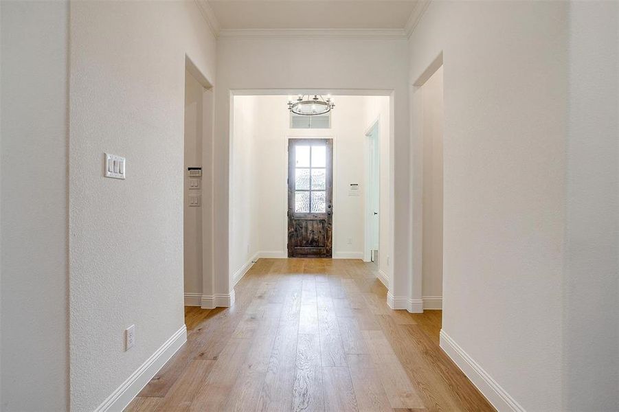 Hall with light hardwood / wood-style floors, ornamental molding, and an inviting chandelier