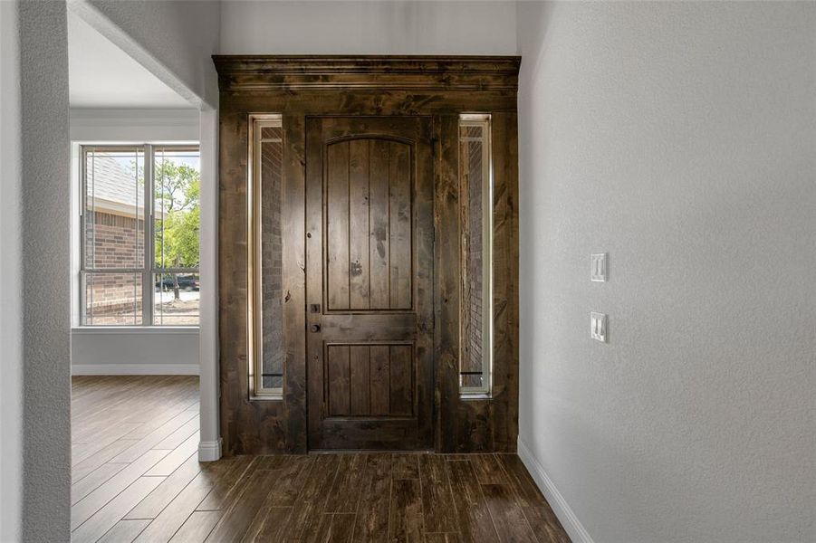 Foyer entrance featuring dark wood-type flooring