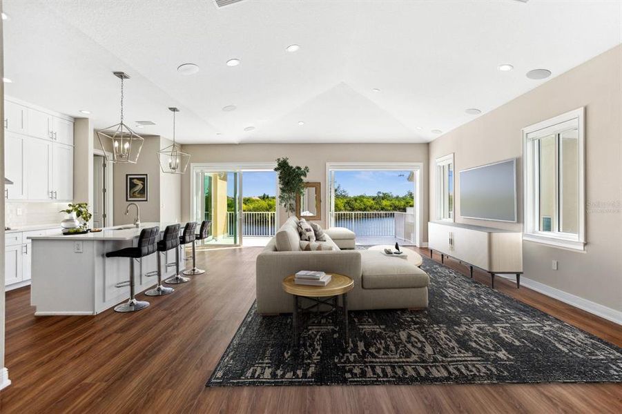 Virtually Staged Great Room and partial Kitchen.