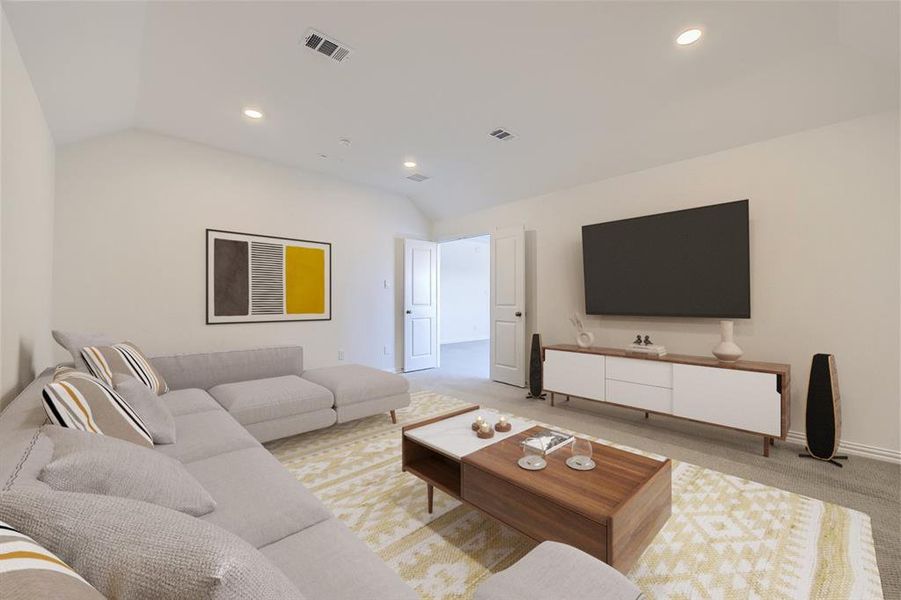 Virtually Staged Photo - Living room featuring light carpet and lofted ceiling