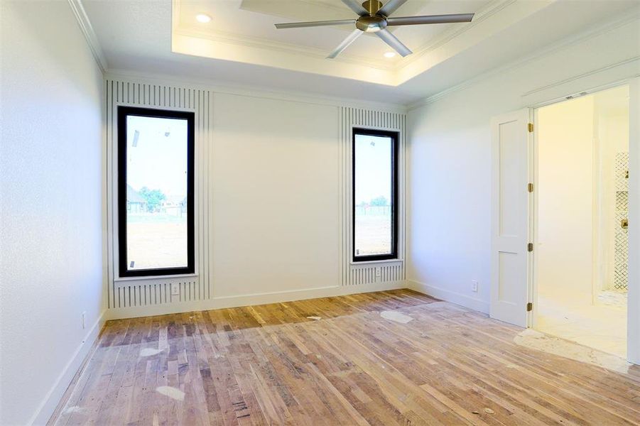 Unfurnished room with a raised ceiling, crown molding, light wood-type flooring, and ceiling fan