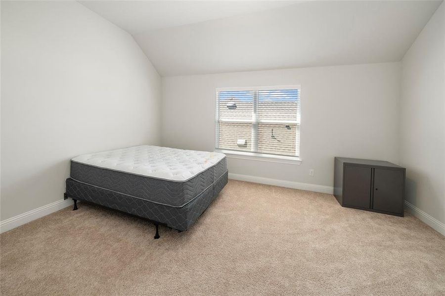 Bedroom featuring vaulted ceiling and light colored carpet