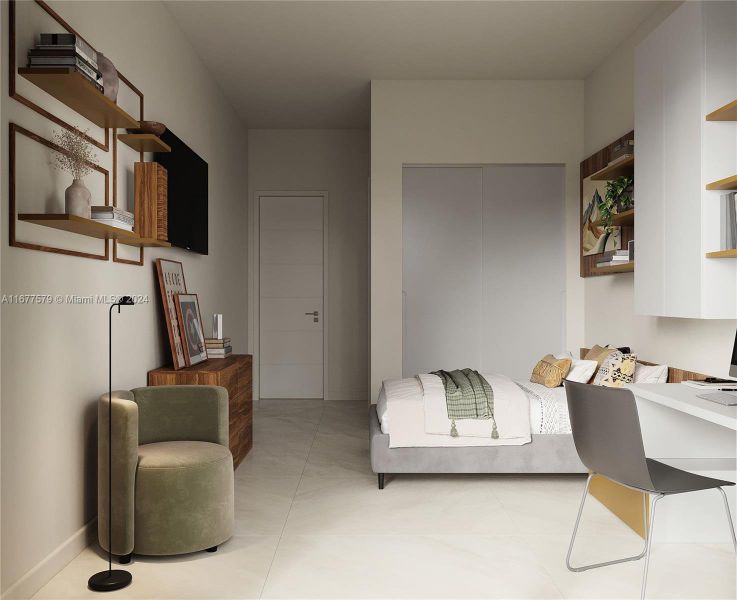 This image showcases a different angle of one of the four beautifully designed bedrooms in the home. The rendering highlights impressive details and stylish elements, all crafted by designer Tetiana Denysenko. Each of these bedrooms features the same elegant design, complete with ensuite bathrooms and spacious closets, ensuring comfort and luxury.