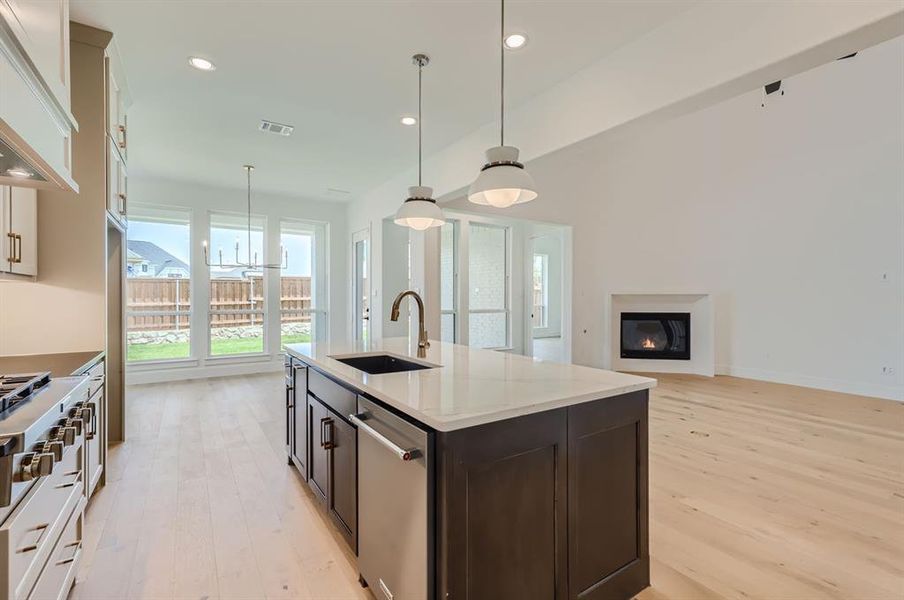 Kitchen featuring gas stove, sink, stainless steel dishwasher, and light hardwood / wood-style floors