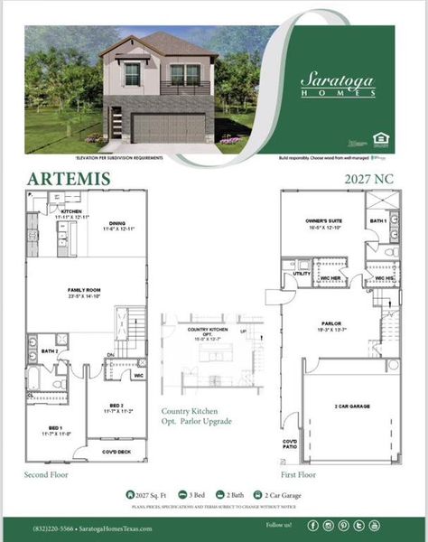 Explore the Artemis floor plan, a thoughtfully designed layout that offers 2,027 sq. ft. of living space. Featuring 3 bedrooms, 2 baths, and a 2-car garage, this home is designed for modern living with a spacious kitchen, family room, and an optional parlor upgrade.