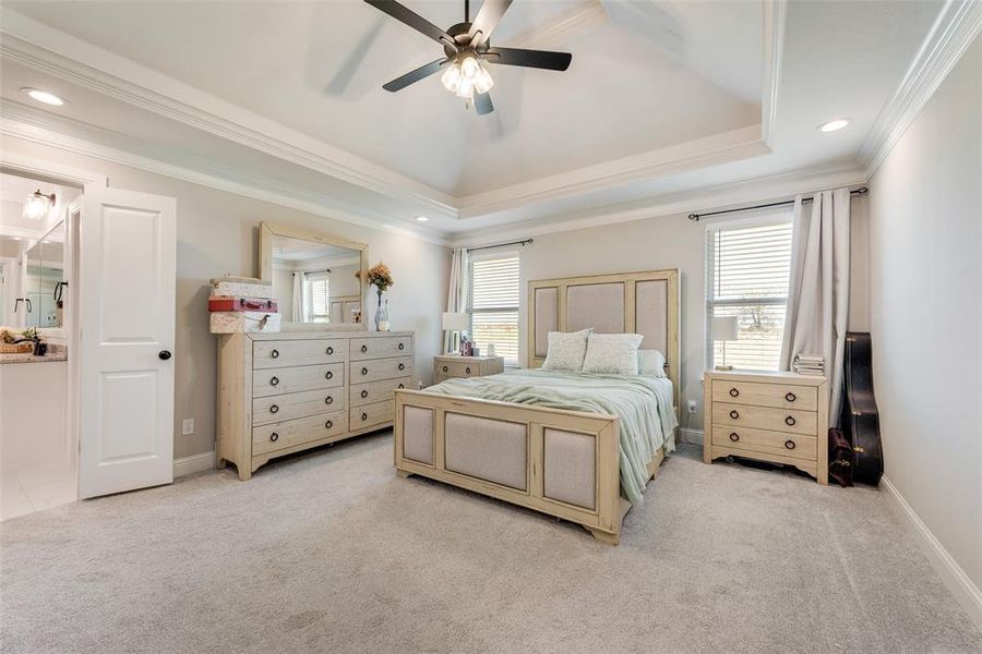 Carpeted bedroom featuring ceiling fan, a tray ceiling, crown molding, and ensuite bathroom