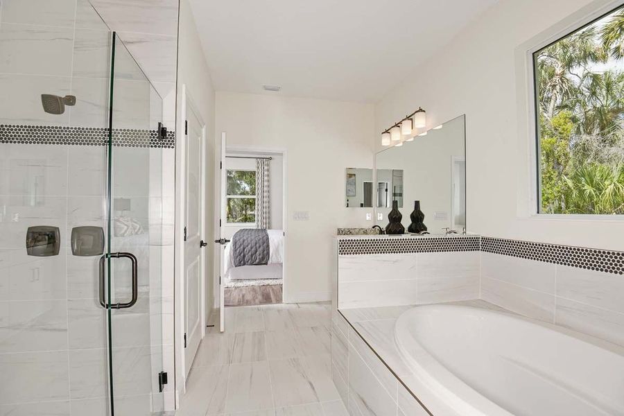 Sandalwood new home first floor owners bath at Tea Olive Terrace by William Ryan Homes Tampa