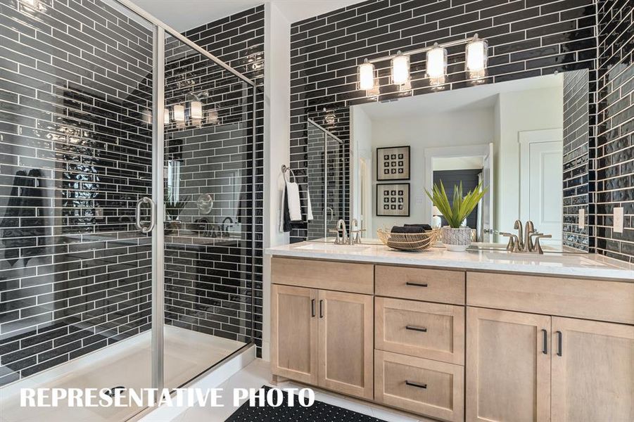 Vanity space for 2 and a spacious walk in shower are only a few of the thoughtful design elements you will find in our Berwyn plan Owner's Suite.  REPRESENTATIVE PHOTO