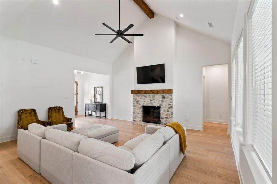 Living room with light wood flooring, a wealth of natural light, and a fireplace