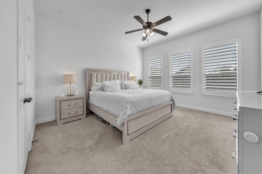 Carpeted bedroom with ceiling fan