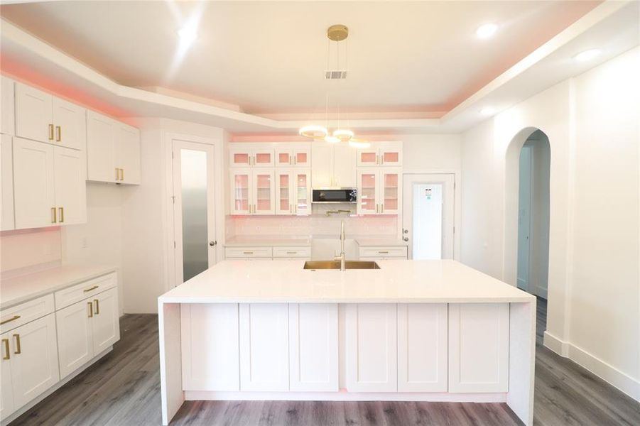 Expansive kitchen with brushed gold chandelier, brushed gold faucet, brushed gold pot filler, brush gold cabinet pulls, extra cabinets in front of the kitchen island, large pantry with frosted glass, double stacked cabinets with smart multicolor undermount and overmount LED lighting compatible with amazon alexa or google assistant.